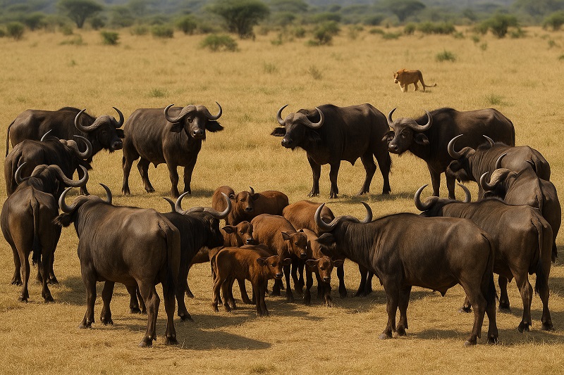 Buffalo herd forming a protective circle around young calves as a defense strategy against predators.