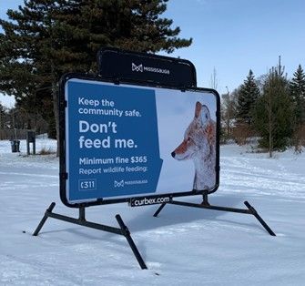 Coyote warning sign, Mississauga, local wildlife, human-wildlife relations, human-wildlife conflicts, near-urban coyotes, urban wildlife